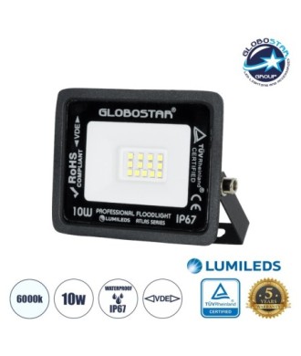 GLOBOSTAR® ATLAS 61515 Προβολέας LED 10W 1250lm 120° AC 220-240V Αδιάβροχο IP67 Ψυχρό Λευκό 6000K - Lumileds SMD Chip - TÜV Rheinland Certified - Μαύρο Ματ - Μ10 x Π2. x Υ8cm - 5 Χρόνια Εγγύηση
